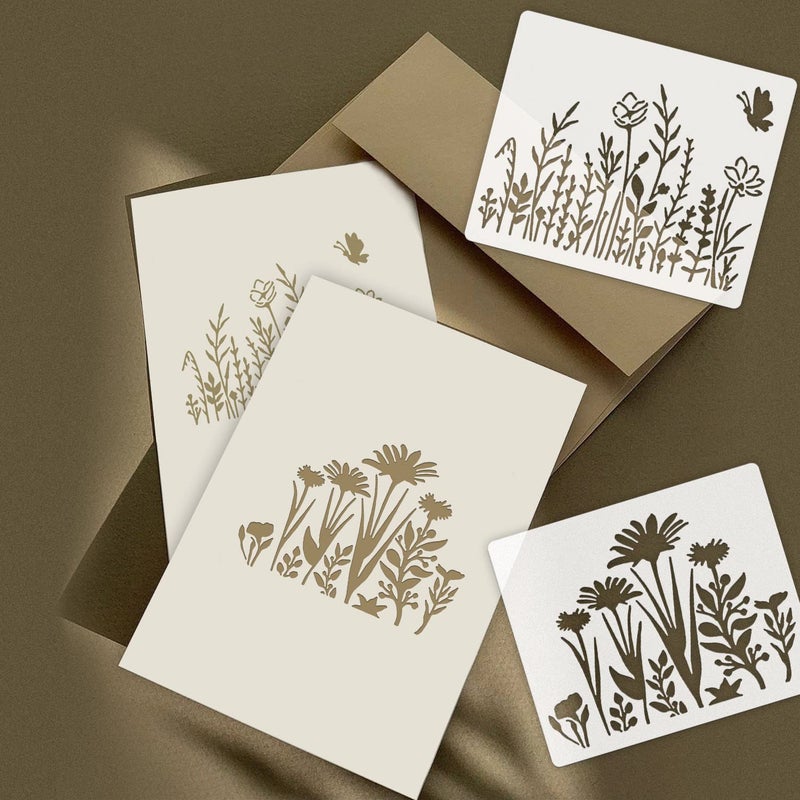 eageus 16 قطعة من استنسل الزهرة البرية للرسم استنسل صغير قابل لإعادة الاستخدام لزهرة الربيع البرية استنسل جداري استنسل قالب رسم صغير للرسم على قماش الحائط الخشبي ديكور المنزل (5x6 بوصة) - Image 4